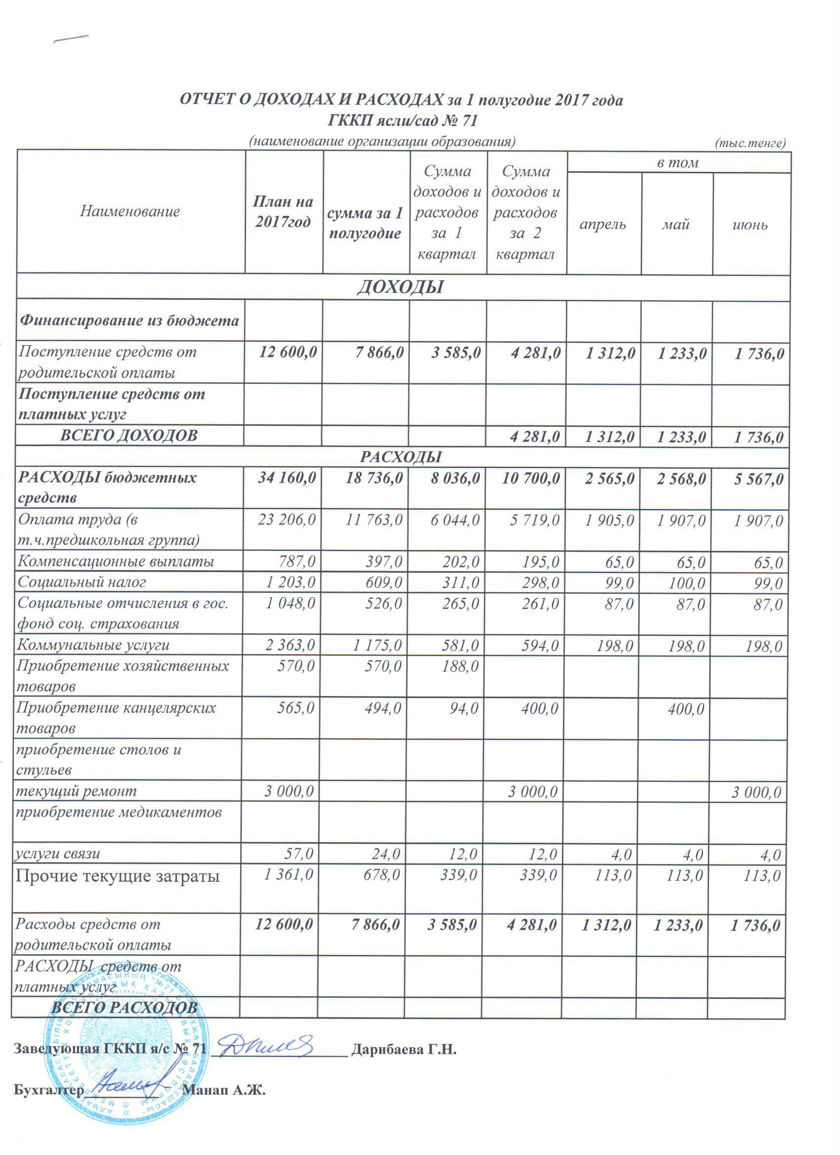 отчет о доходах и расходах за 1 полугодие 2017