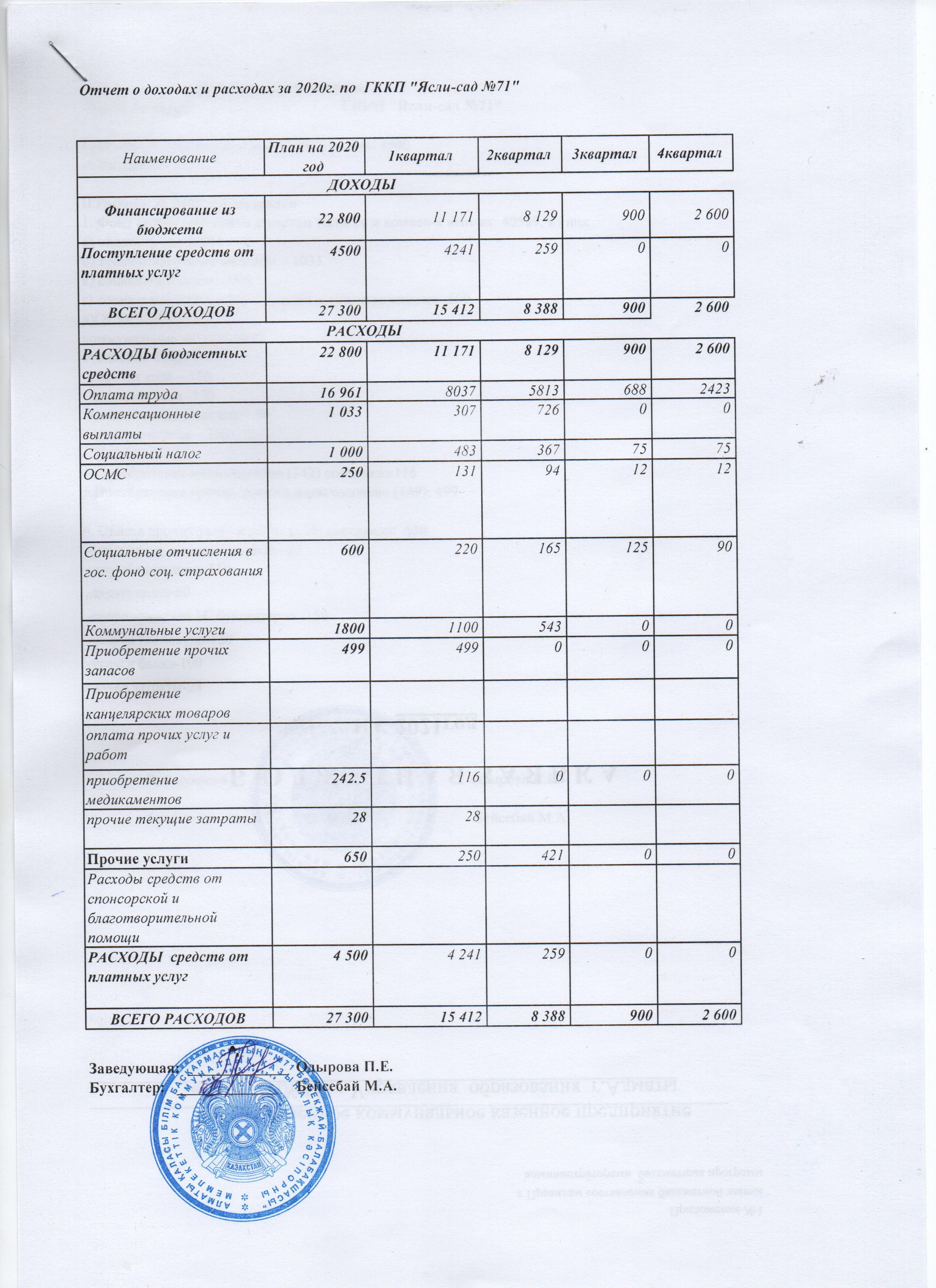Отчет о доходах и расходах за 2020 год